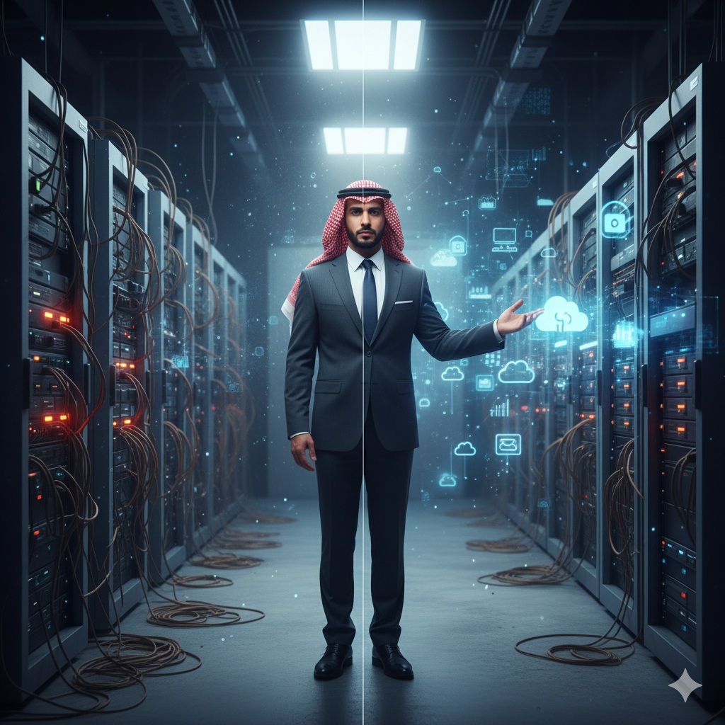 Cloud migration transformation from legacy systems to modern infrastructure showing business efficiency improvement in Saudi Arabia
